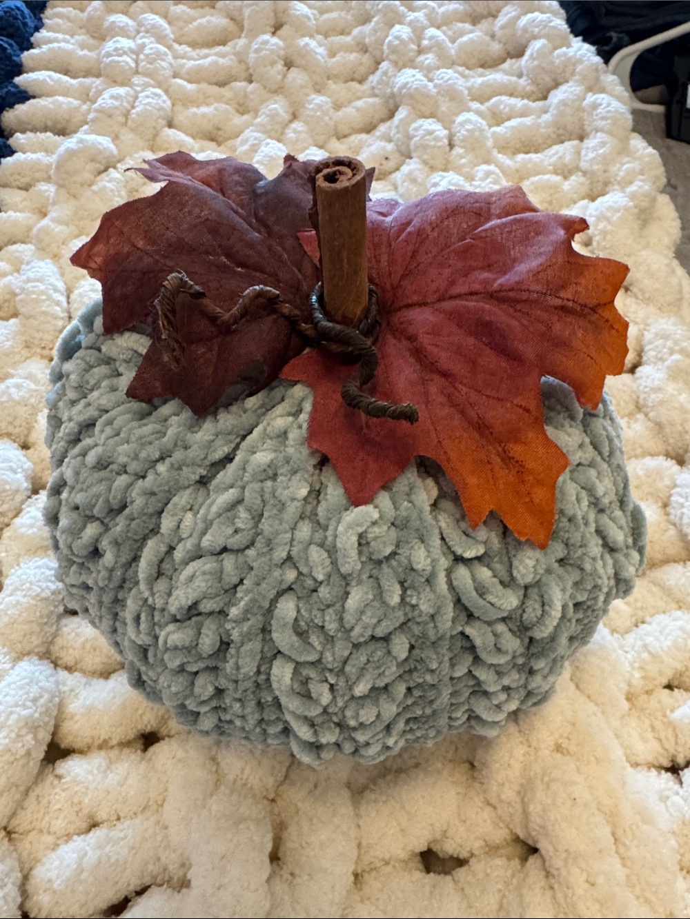 Handmade Knit Pumpkin Pillow with Autumn Leaves